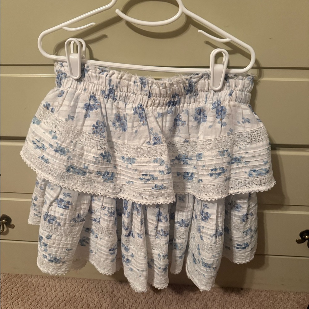 LoveShackFancy White and Blue Floral Mini Skirt